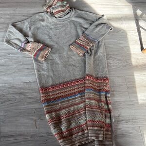 Anthropologie Tan Long-Sleeve Knit Dress with Multicolor Fair Isle Trim